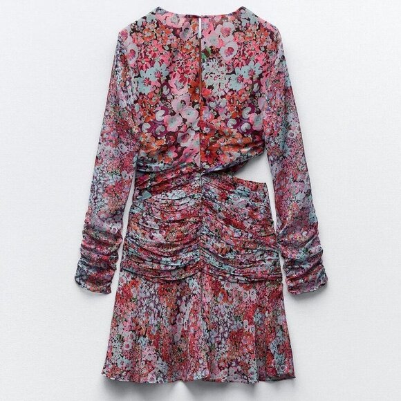 Zara Multi Floral Cut Out Long Sleeve Dress NWOT Size Medium - Picture 7 of 13